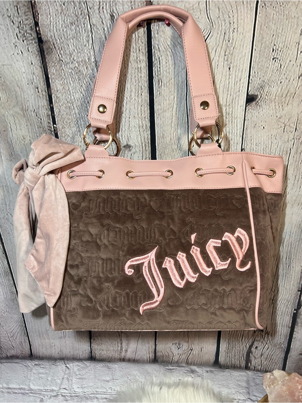 Juicy Couture Pink and Brown Velour Tote with Bow Accent
